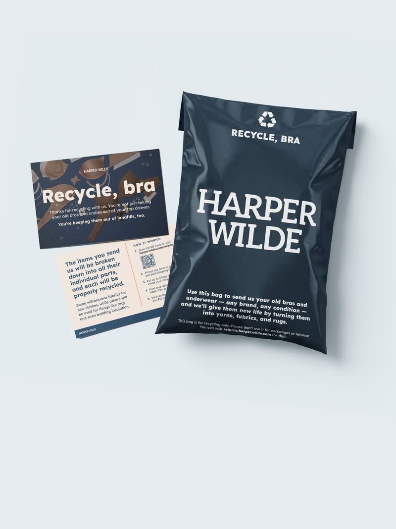 The Recycle, Bra Kit from Harper Wilde is displayed, featuring a dark blue recyclable mailing bag with the Harper Wilde logo and instructions printed on it. Next to the bag is an informational card explaining the recycling process.